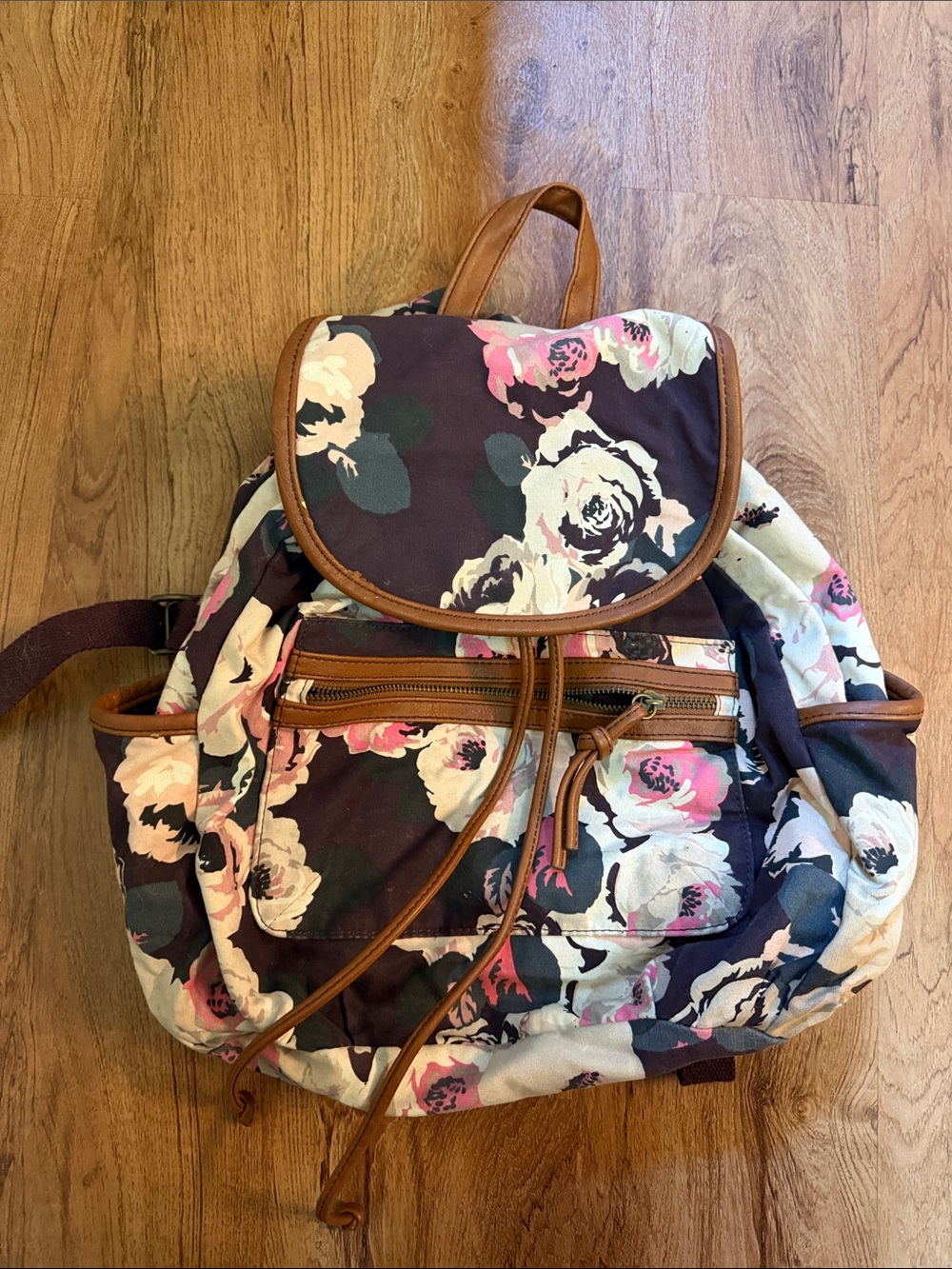 American Eagle Outfitters Floral Canvas Backpack in Brown and Pink